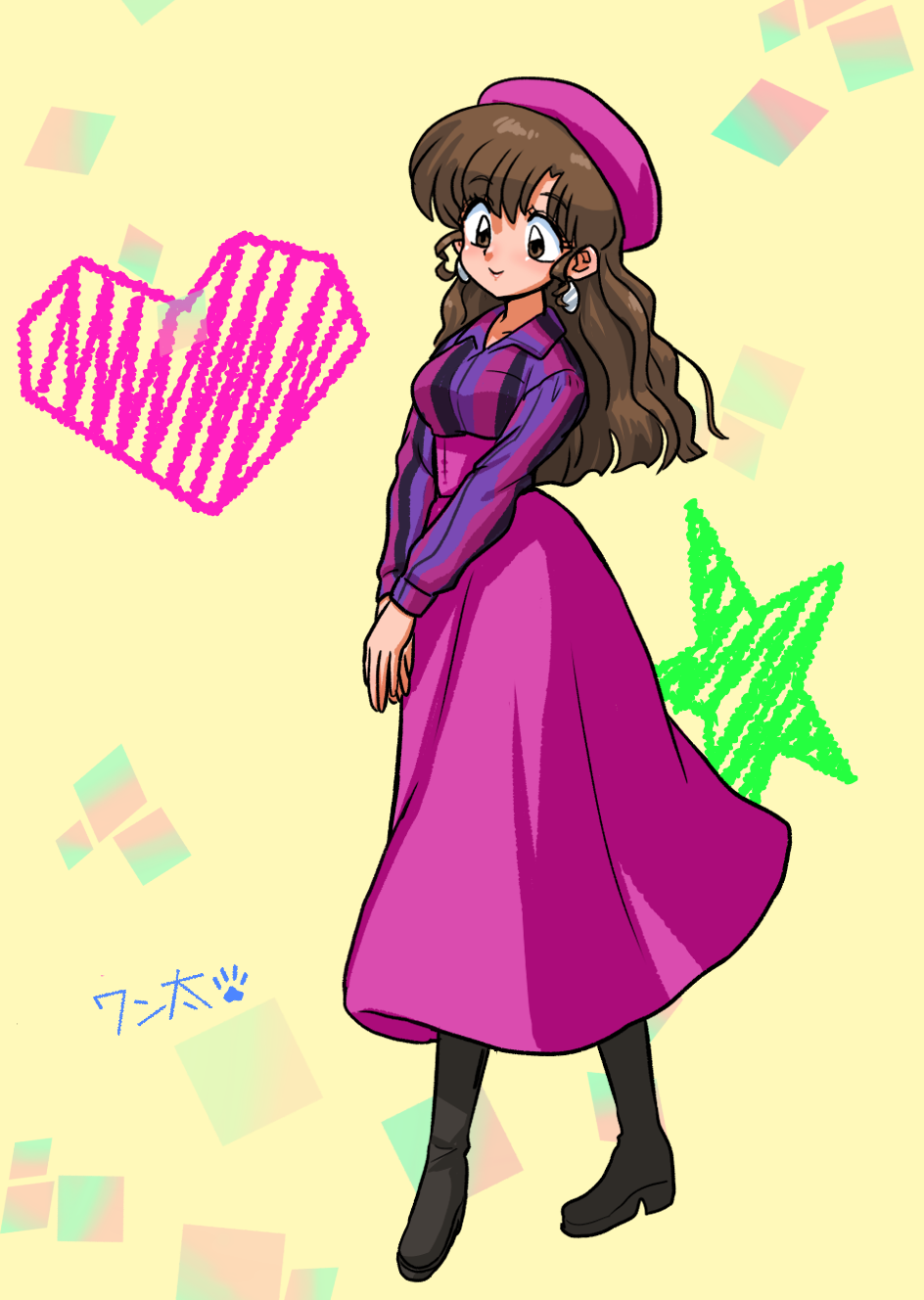1girl black_footwear brown_eyes brown_hair closed_mouth collared_shirt earrings full_body hat highres jewelry long_skirt long_sleeves pink_hat pink_skirt ranma_1/2 shirt skirt smile solo striped_clothes striped_shirt tendou_kasumi translation_request wanta_(futoshi)