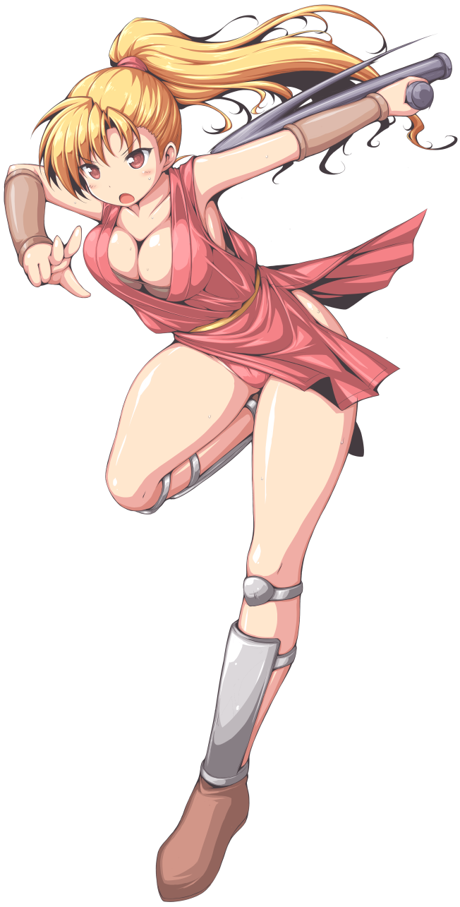 1girl armor blonde_hair blush bracer breasts brown_eyes brown_shoes capcom cleavage dress final_fight final_fight_2 full_body genryuusai_maki greaves highres holding holding_weapon japanese_clothes large_breasts leaning_forward less-than-lethal_weapon long_hair murata_denji open_mouth panties ponytail red_dress red_panties scrunchie shoes standing standing_on_one_leg thighs tonfa transparent_background underwear weapon