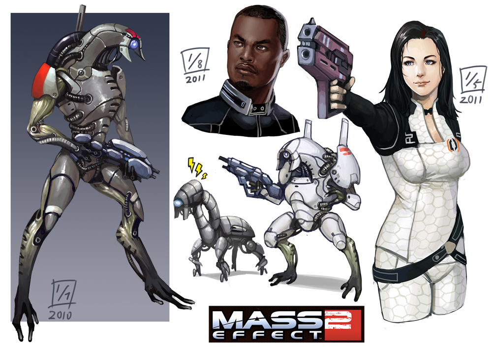 1boy 1girl assault_rifle bad_id bad_pixiv_id black_hair blue_eyes bodysuit brown_eyes dark_skin dated facial_hair geth gun handgun honeycomb_pattern jacob_taylor legion legion_(mass_effect) lieqi_hun lips long_hair mass_effect_(series) mass_effect_2 miranda_lawson pistol rifle robot shotgun simple_background submachine_gun weapon