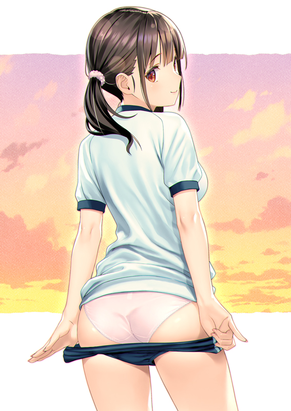 1girl ass blue_buruma brown_eyes brown_hair buruma buruma_pull closed_mouth clothes_pull from_behind gym_shirt gym_uniform hair_ornament hair_scrunchie koutaro long_hair looking_at_viewer looking_back original panties panties_under_buruma panty_tag pink_panties pulling_own_clothes scrunchie shirt short_sleeves smile solo standing twintails underwear
