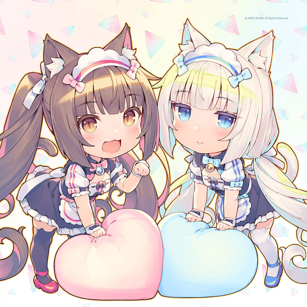 2girls :3 :d animal_ear_fluff animal_ear_legwear animal_ears apron bell black_thighhighs blue_bow blush bow brown_eyes brown_hair cat_ear_legwear cat_ear_thighhighs cat_ears cat_girl cat_tail cat_thighhighs chibi chocola_(nekopara) closed_mouth flat_chest full_body hair_ribbon heart heart-shaped_pillow long_hair looking_at_viewer low_twintails maid maid_apron maid_headdress multiple_girls neck_bell nekopara official_art open_mouth paw_pose pillow pink_bow ribbon sayori_(neko_works) shoes short_sleeves siblings sisters slit_pupils smile standing tail thighhighs twins twintails vanilla_(nekopara) very_long_hair white_ribbon white_thighhighs white_wrist_cuffs wrist_cuffs