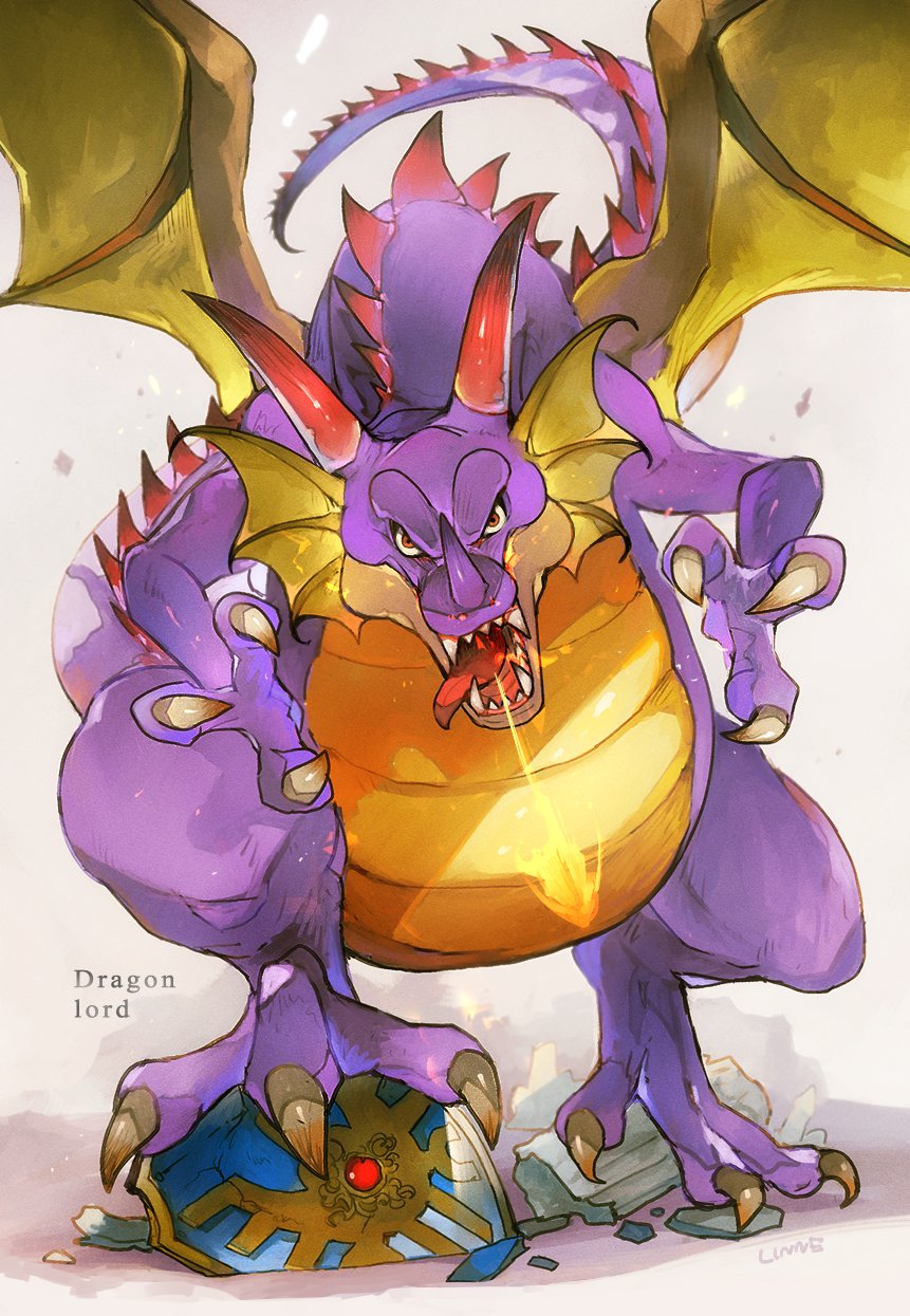 broken broken_shield character_name claws colored_skin commentary_request dragon dragon_horns dragon_lord dragon_quest dragon_quest_i dragon_tail dragon_wings fire highres horns linne_(hld_doreko) looking_at_viewer monster monster_focus no_humans open_mouth purple_skin red_eyes sharp_teeth shield standing tail teeth tongue tongue_out wings
