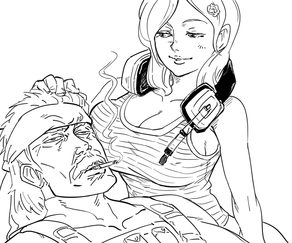 1boy 1girl aged_up alternate_breast_size bad_id bb_(baalbuddy) breast_press breasts cigarette cleavage ear_protection facial_hair flower greyscale hair_flower hair_ornament headband headset inactive_account konami large_breasts light_smile load_bearing_vest long_hair metal_gear_(series) metal_gear_rising:_revengeance metal_gear_solid metal_gear_solid_4:_guns_of_the_patriots monochrome mullet mustache no_bra old_snake sketch smoking sneaking_suit solid_snake striped sunny_emmerich tank_top