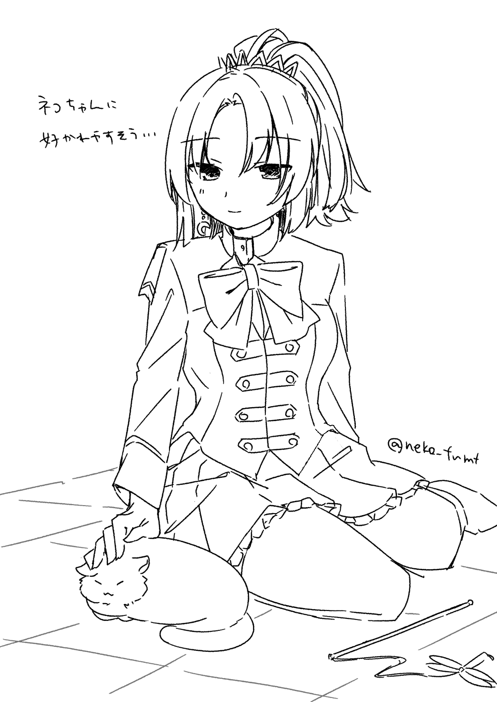 1girl :3 animal arm_at_side assault_lily benini bow bowtie cat cat_teaser closed_mouth crescent crescent_earrings earrings frilled_skirt frills full_body greyscale hair_ornament herensuge_girls_academy_school_uniform high_ponytail highres jacket jewelry light_blush light_smile lineart long_sleeves looking_at_animal looking_down makino_mitake miniskirt monochrome on_floor parted_bangs petting pleated_skirt ponytail school_uniform short_hair simple_background single_earring sitting skirt solo translation_request twitter_username white_background yokozuwari