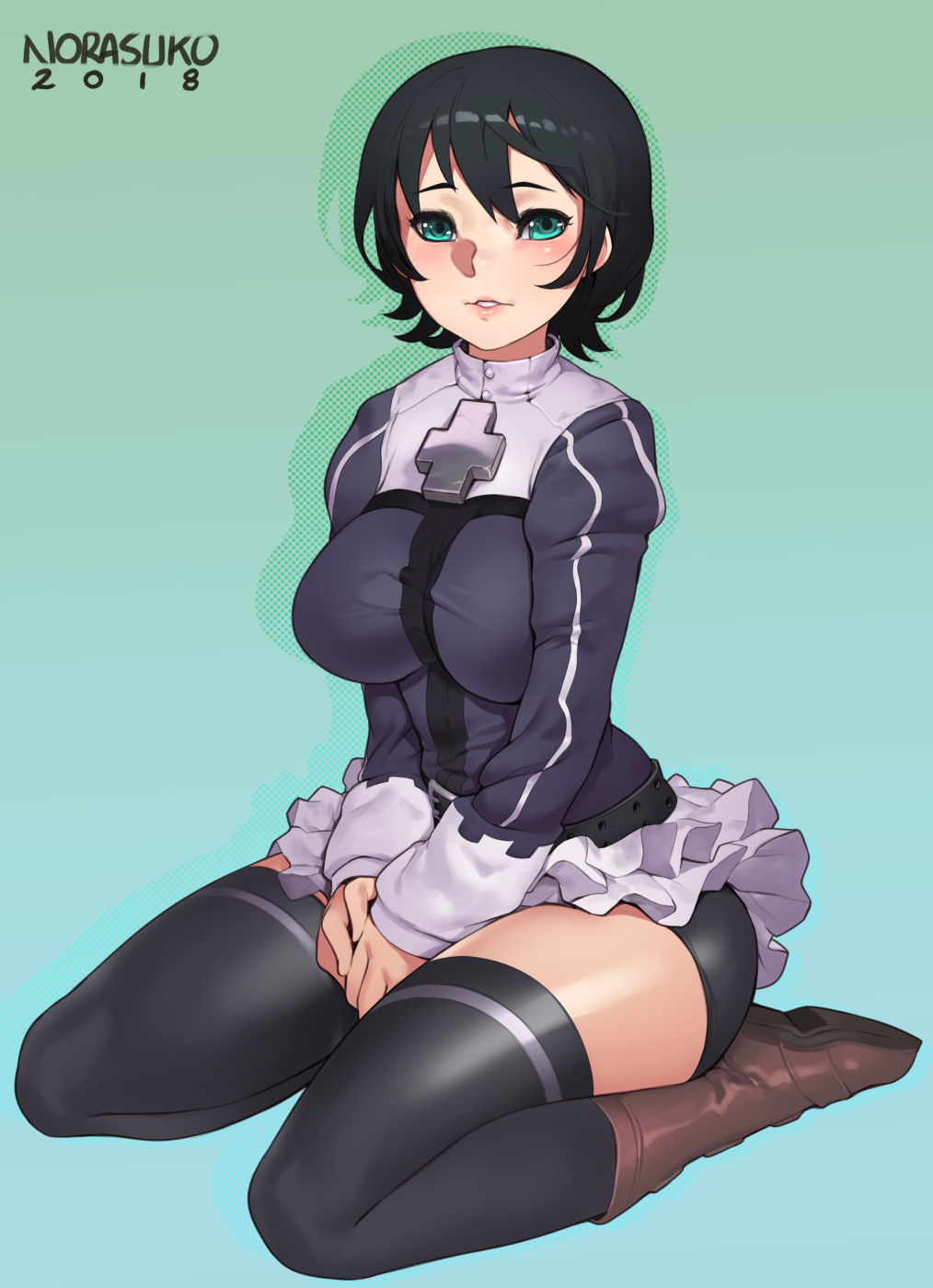 1girl artist_name bike_shorts black_hair blue_background boots breasts brown_boots dated female_focus frilled_skirt frills gradient_background green_background green_eyes hair_between_eyes highres kneeling large_breasts long_sleeves looking_at_viewer norasuko only_human own_hands_together parted_lips short_hair sin_nanatsu_no_taizai sitting skirt solo the_seven_deadly_sins thighhighs totsuka_maria wariza