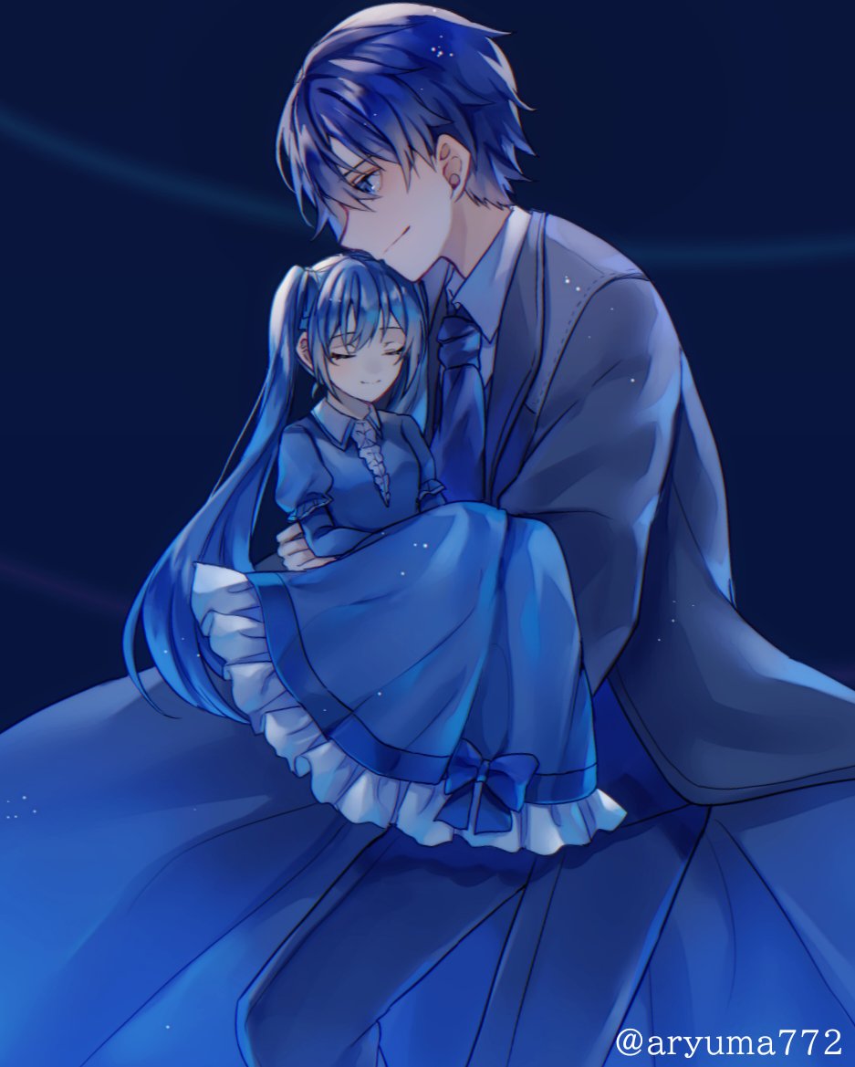 1boy 1girl akutoku_no_judgement_(vocaloid) aryuma772 ascot black_robe blue_ascot blue_dress blue_eyes blue_hair blue_theme carrying clockworker&#039;s_doll closed_eyes closed_mouth collared_dress dress evillious_nendaiki father_and_daughter frilled_dress frills from_side gallerian_marlon hakoniwa_no_shoujo_(vocaloid) hatsune_miku houtei_no_nushi judge kaito_(vocaloid) long_sleeves mini_person minigirl princess_carry profile robe sleeping smile twitter_username vessel_of_sin vocaloid
