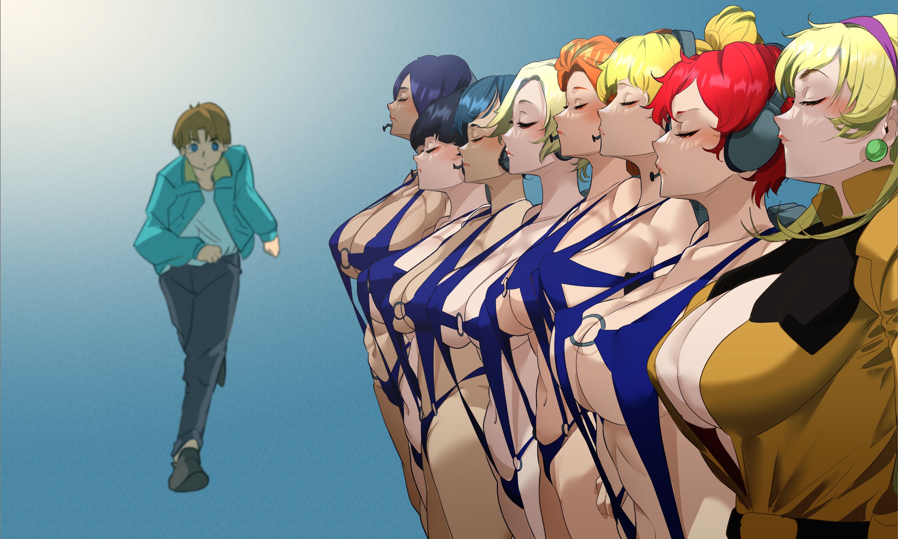 1boy 6+girls bikini black_footwear black_pants blonde_hair blue_eyes blue_hair blue_jacket blue_one-piece_swimsuit blue_slingshot_swimsuit blush brown_hair closed_eyes commission company_connection creator_connection dark-skinned_female dark_skin gundam headset highres jacket katejina_loos long_hair mecha_pilot_suit multiple_girls navel neneka_nibrou normal_suit_(gundam) o-ring one-piece_swimsuit orange_hair overman_king_gainer pants parody pilot_suit purple_hair red_hair sakusakusakurai shirt short_hair skeb_commission slingshot_swimsuit sunrise_(company) swimsuit tomino_yoshiyuki uso_ewin victory_gundam white_shirt
