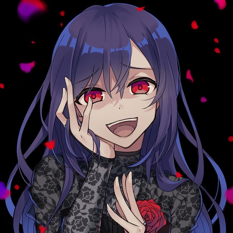 1girl bang_dream! black_background blue_hair corsage crazy_smile female_focus flower hair_between_eyes hair_down hand_in_own_hair hand_on_own_cheek hand_on_own_face lace long_hair looking_at_viewer nashi_(tidal0414) petals red_eyes red_flower red_rose rose seta_kaoru smile solo upper_body