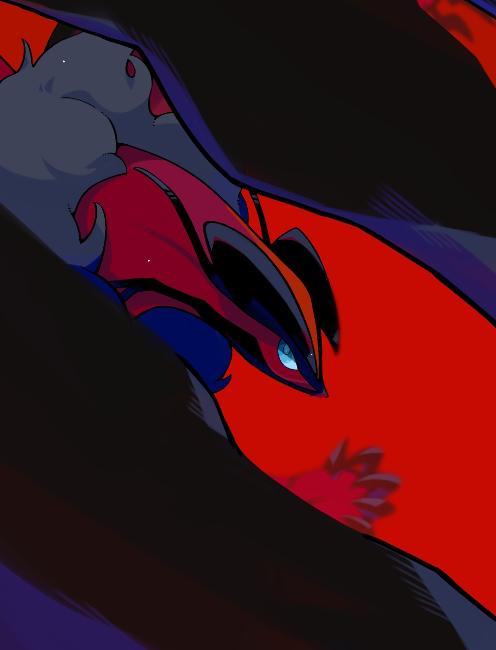 animal_focus blue_eyes blurry blurry_background gen_6_pokemon grey_fur harumomo_(@harumomo123456) highres legendary_pokemon looking_up nintendo no_humans pokemon pokemon_(creature) red_background simple_background solo yveltal