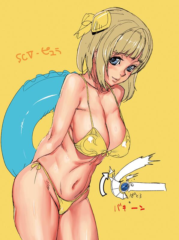 1girl ashiomi_masato blonde_hair blue_eyes breasts cleavage closed_mouth hair_ornament innertube large_breasts looking_at_viewer navel pyrrha_alexandra short_hair simple_background smile solo soul_calibur soulcalibur soulcalibur_v swim_ring swimsuit