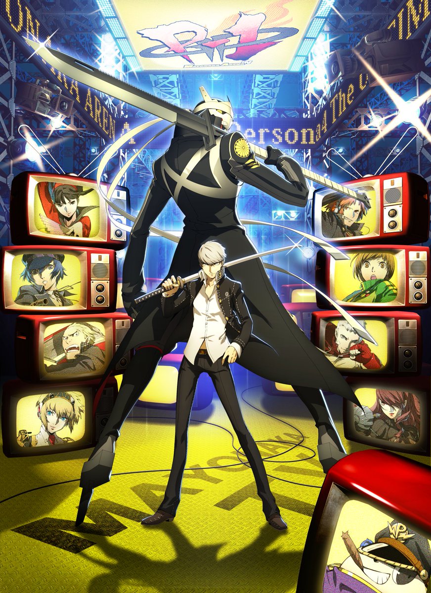 aigis_(persona) amagi_yukiko black_coat black_jacket black_pants coat copyright_name crt from_behind geta hanamura_yousuke highres holding holding_sword holding_weapon izanagi_(persona_4) jacket katana kirijou_mitsuru kuma_(persona_4) looking_at_viewer looking_back narukami_yu official_art over_shoulder pants persona persona_4:_the_ultimate_in_mayonaka_arena sanada_akihiko satonaka_chie second-party_source shirogane_naoto shirt standing sword sword_over_shoulder tatsumi_kanji tengu-geta weapon weapon_over_shoulder white_shirt