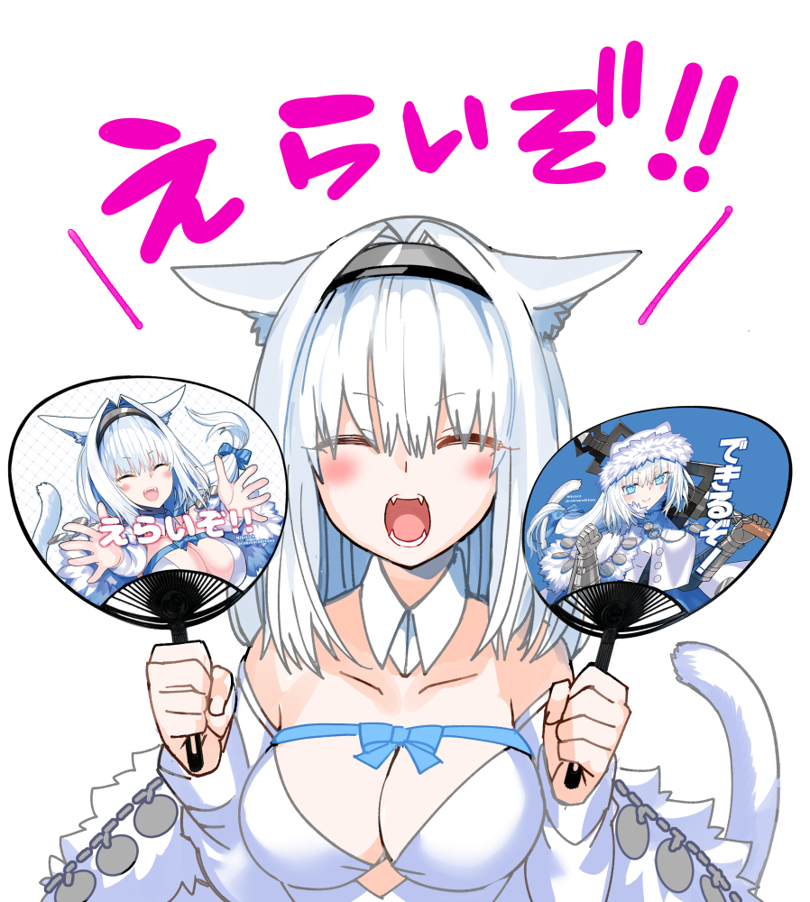 animal_ear_fluff argyle blue_bow blue_ribbon bow breasts cape capelet cat_girl cat_tail cleavage detached_collar dobrynya_nikitich_(fate) dobrynya_nikitich_(first_ascension)_(fate) dobrynya_nikitich_(second_ascension)_(fate) dress fangs fate/grand_order fate_(series) folding_fan framed_breasts fur-trimmed_capelet fur-trimmed_headwear fur_trim grey_dress hand_fan holding holding_fan large_breasts low_ponytail open_mouth paper_fan ponytail rei_no_himo ribbon robina short_dress smile solo tail uchiwa uchiwa_(medium) white_cape white_capelet