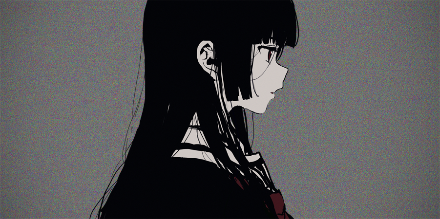 1girl black_hair black_shirt colored_skin commentary_request enma_ai from_side grey_background hair_over_shoulder hime_cut hirota_tsuu jigoku_shoujo long_hair looking_ahead neckerchief parted_lips portrait profile red_eyes red_neckerchief sailor_collar school_uniform serafuku shirt solo static_background white_sailor_collar white_skin