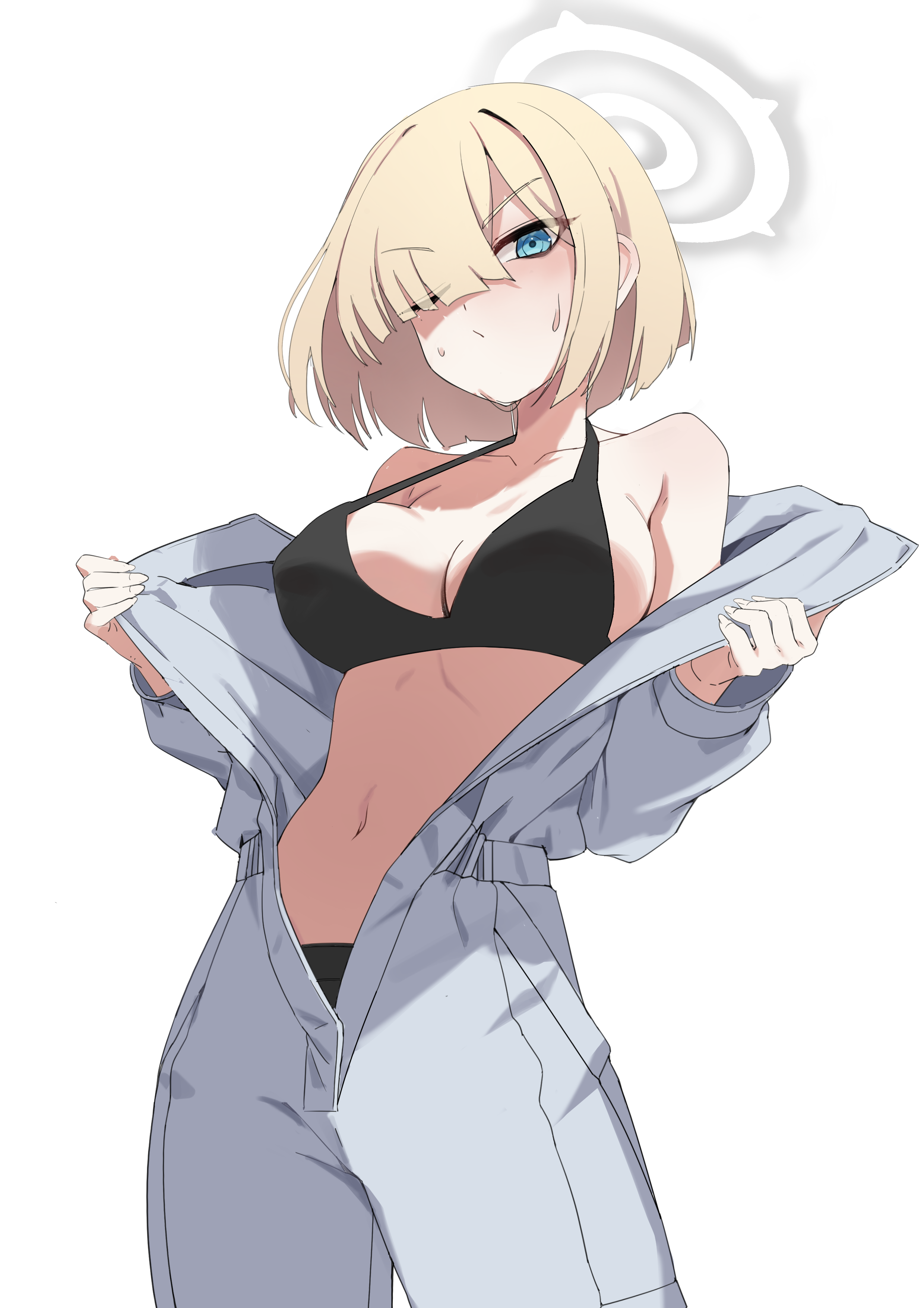 1girl absurdres bare_shoulders black_bra blonde_hair blue_archive blue_eyes blush bousouzoku bra breasts character_request cleavage closed_mouth collarbone commentary cowboy_shot delinquent hair_between_eyes hair_over_one_eye halo highres large_breasts long_sleeves looking_at_viewer midriff navel off_shoulder open_clothes panties short_hair simple_background solo standing stomach td_(tandeom97) underwear undressing white_background