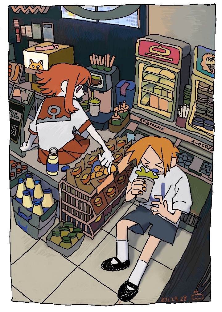 &gt;_&lt; 1boy 1girl ankle_socks bag black_footwear blonde_hair blue_shorts blue_tongue border colored_tongue dated dot_nose drink food fruit full_body green_tea holding holding_drink ice_cream ice_cream_sandwich indoors looking_at_another machinery mary_janes menu miniskirt on_counter on_ground orange_(fruit) orange_eyes orange_hair orange_sailor_collar orange_skirt original pale_skin paper_bag pleated_skirt sailor_collar school_uniform serafuku shinnotonari shirt shoes short_hair short_hair_with_long_locks shorts sitting skirt slice_of_life socks spill supermarket t-shirt tea tile_floor tiles white_border white_shirt white_socks