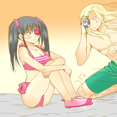 1boy 1girl 3mm bikini black_hair blonde_hair blush eyepatch closed_eyes gintama long_hair lowres sitting swimsuit toujou_ayumu twintails yagyuu_kyuubei