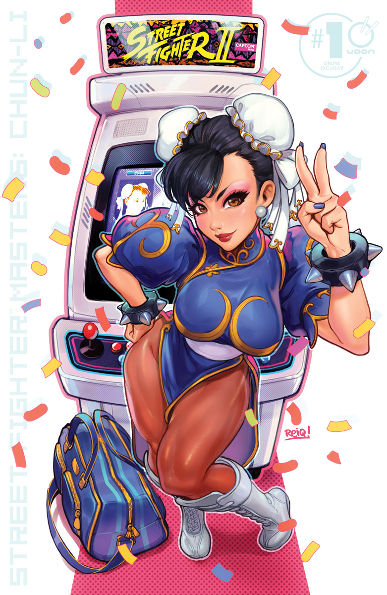1girl arcade_cabinet bag black_hair boots brown_eyes capcom chun-li earrings highres jewelry lipstick makeup nail_polish pantyhose reiq solo street_fighter udon_entertainment v