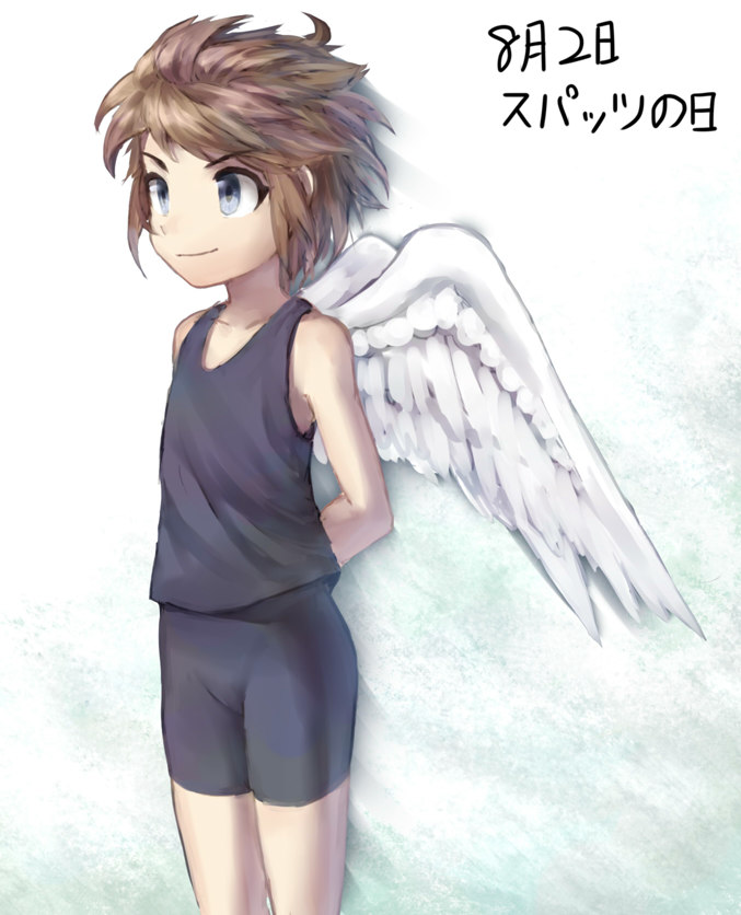 1boy ahoge alternate_costume angel angel_wings azumi_(tks-sd) bike_shorts black_tank_top blue_eyes brown_hair closed_mouth feathered_wings kid_icarus kid_icarus_uprising male_focus nintendo pit_(kid_icarus) short_hair sidelocks smile solo tank_top v-shaped_eyebrows white_wings wings