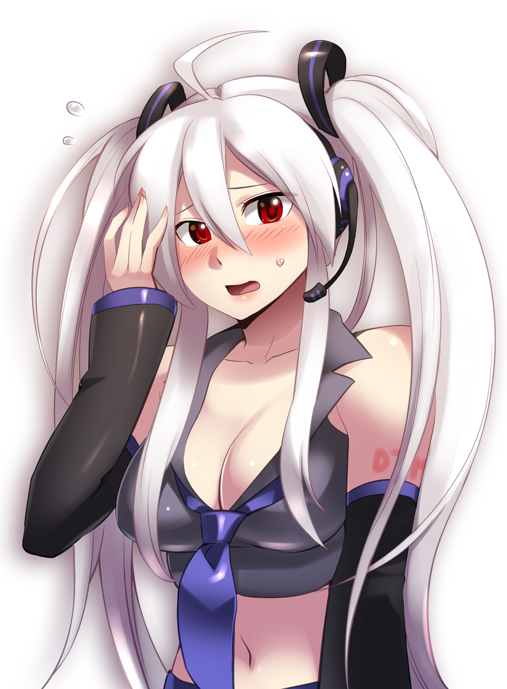 1girl ahoge blush breasts caffein cleavage detached_sleeves female_focus fingernails headset highres large_breasts long_fingernails long_hair looking_at_viewer midriff navel open_mouth red_eyes silver_hair solo surprised sweatdrop twintails upper_body very_long_hair vocaloid yowane_haku