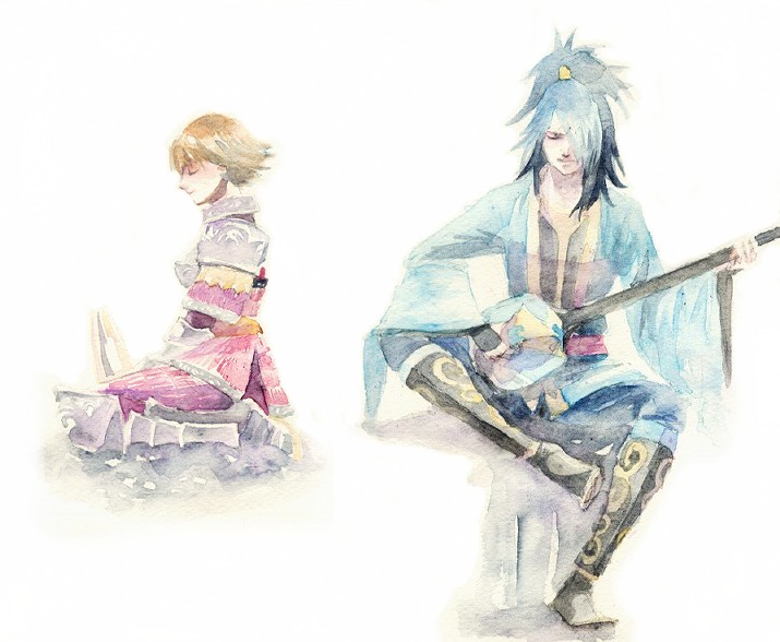 1boy 1girl armor bad_id bad_pixiv_id blue_hair brown_hair chosokabe_motochika chousokabe_motochika_(sengoku_musou) closed_eyes colored_bangs instrument long_hair plectrum sengoku_musou sengoku_musou_2 shamisen short_hair sitar tachibana_ginchiyo tokico