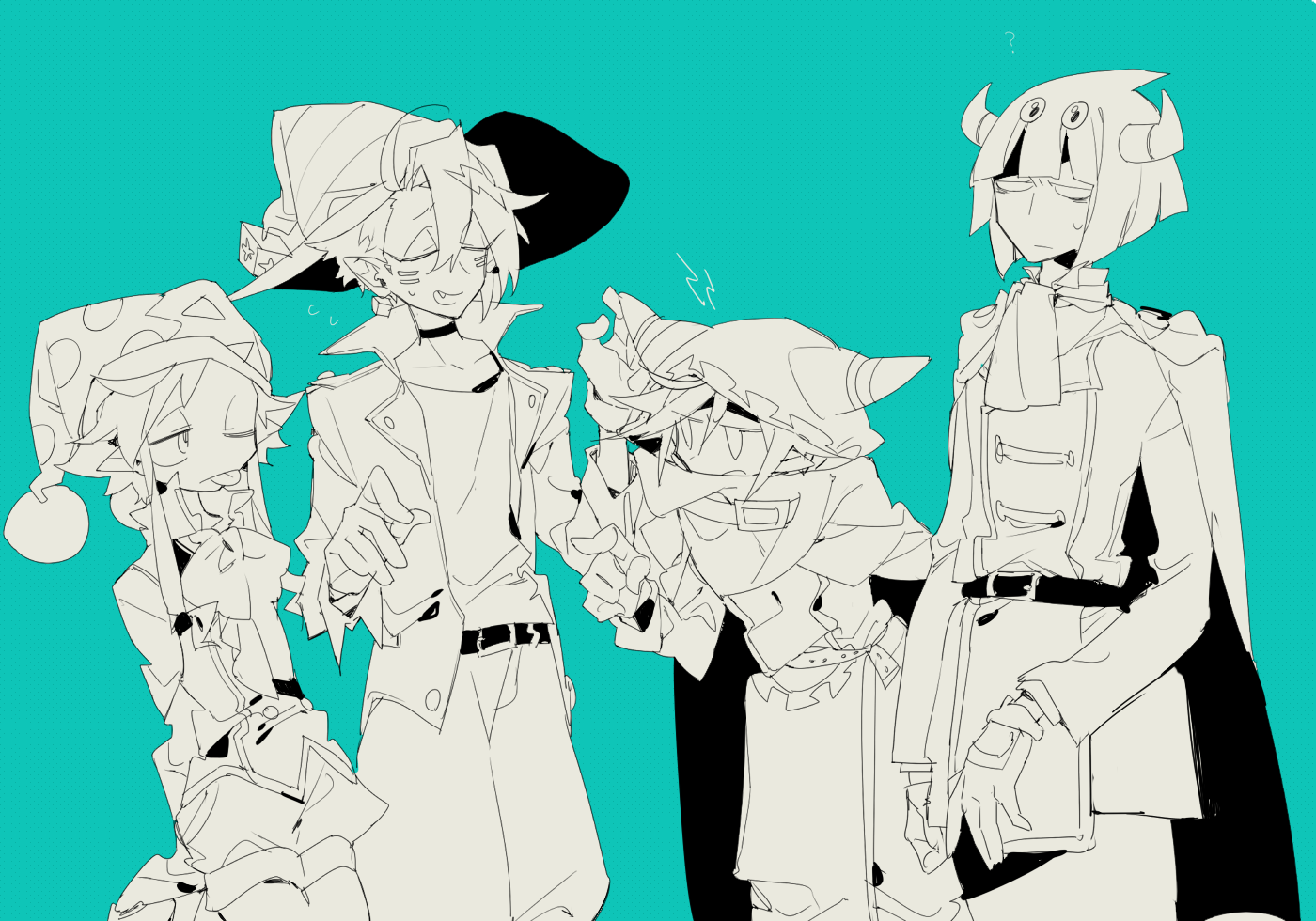 4boys ;p ahoge animal_ear_hood aqua_background ascot asymmetrical_bangs baggy_pants belt belt_buckle belt_collar bow bowtie buckle buttons cape choker closed_eyes closed_mouth coat collar collarbone collared_shirt commentary_request cube_earrings cube_hat_ornament dot_nose double-breasted earrings extra_eyes eyelashes facial_mark fake_animal_ears fang feet_out_of_frame frown gear_print genderswap genderswap_(ftm) gloves greyscale_with_colored_background gryll_(kirby) hair_between_eyes hands_up hat hat_ornament higa423 high_collar hood hood_up hooded_jacket horns jacket jester_cap jewelry kirby_(series) lapels leaning_forward leather leather_jacket long_sleeves magolor male_focus marx_(kirby) military_uniform multiple_boys nintendo notched_lapels one_eye_closed open_clothes open_jacket open_mouth outstretched_arm pants personification pointy_ears polka_dot_headwear pom_pom_(clothes) puffy_shorts scarf shirt shorts shout_lines simple_background solid_eyes standing sweatdrop taranza tongue tongue_out triangle_print vest whisker_markings witch_hat