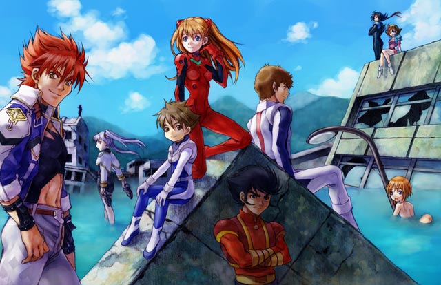 00s 1990s_(style) 4girls 5boys amuro_ray ass back banpresto belt black_hair blue_eyes boots brown_eyes brown_hair char&#039;s_counterattack cloud crossed_arms crossover day domon_kasshu elpeo_puru g_gundam gear_senshi_dendou gundam gundam_zz hairband headband hoshino_ruri hugo_medio jacket kabuto_kouji kidou_senkan_nadesico kidou_senkan_nadesico_-_prince_of_darkness kusanagi_hokuto lamppost long_hair mazinger_(series) mazinger_z mecha_pilot_suit midriff mountain multiple_boys multiple_girls nakamura_kanko navel neon_genesis_evangelion nude nudist open_mouth orange_hair outdoors pilot_suit plugsuit_(evangelion) rain_mikamura retro_artstyle ruins shoes short_hair silver_hair sitting skinny_dipping sky smile souryuu_asuka_langley super_robot_wars super_robot_wars_mx swimming twintails uniform water zenra