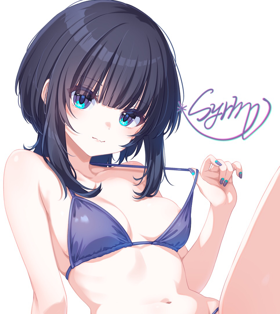 1girl areola_slip artist_name bare_shoulders bikini black_bikini black_hair black_nails blue_eyes blue_nails blunt_bangs breasts closed_mouth collarbone commentary_request fang fang_out jellyfish_cut looking_at_viewer medium_breasts medium_hair multicolored_nails nail_polish original sidelocks signature simple_background skin_fang solo stomach strap_pull swimsuit two-tone_nails white_background yunagi_(arukumaruta)