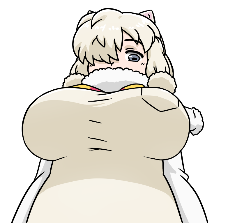 1girl acesrulez alpaca_ears alpaca_girl alpaca_suri_(kemono_friends) animal_ears blonde_hair blue_eyes breasts from_below fur_collar fur_trim hair_over_one_eye horizontal_pupils kemono_friends large_breasts long_sleeves looking_at_viewer shirt short_hair solo white_hair