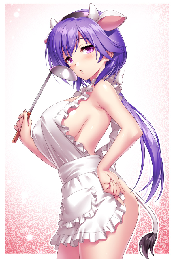 1girl animal_ear_hairband animal_ears apron blush border breasts commentary cow cow_ears cow_horns cow_tail fake_animal_ears fake_horns frilled_apron frills from_side hairband hand_on_own_hip holding holding_ladle horns ladle large_breasts long_hair looking_at_viewer low_ponytail mizuori_shizuku naked_apron no_bra outside_border ponytail purple_eyes purple_hair sideboob solo summer_pockets tail thighs white_apron white_border zen_(kamuro)