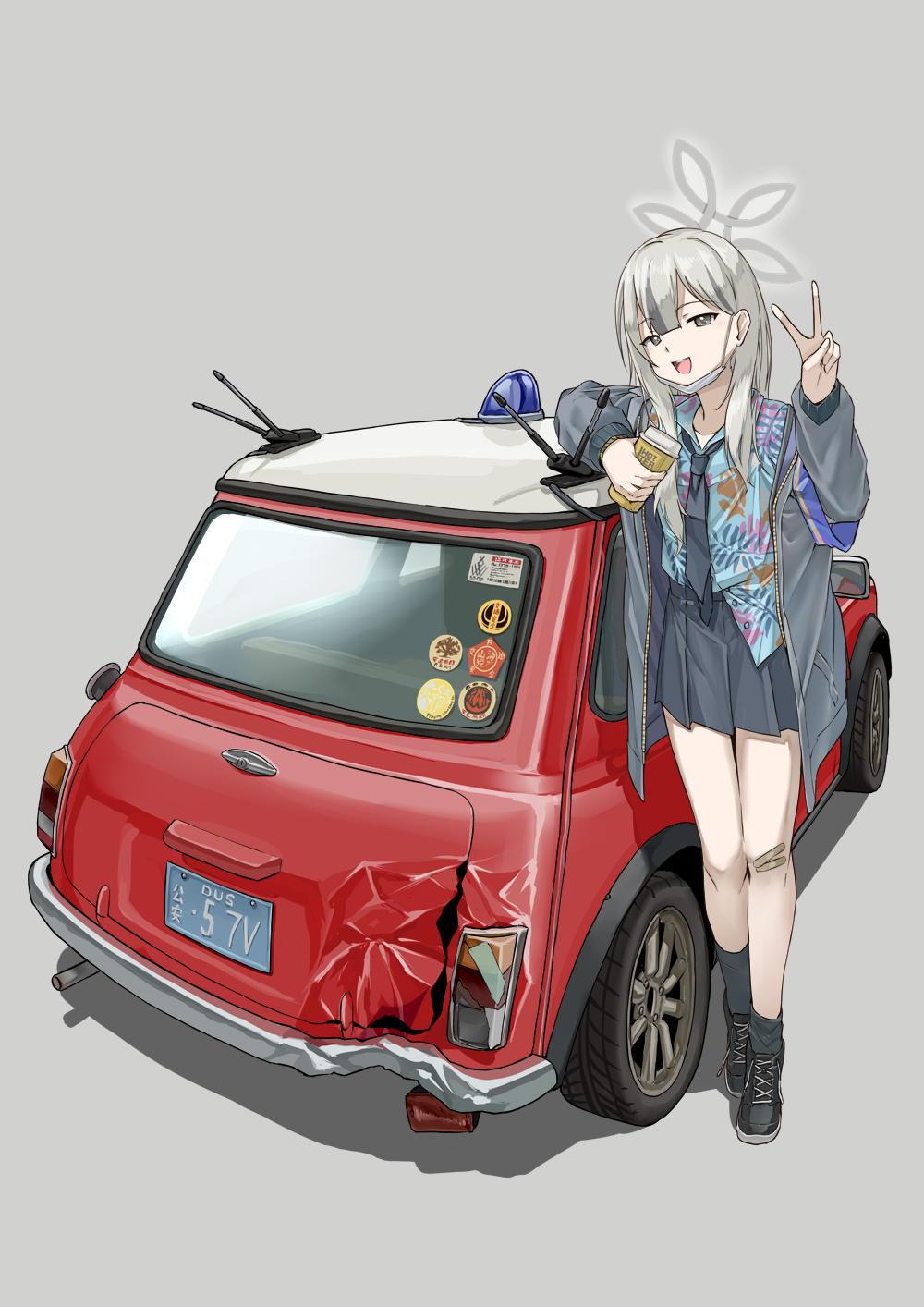 1girl :d ankle_socks arai_kogane bandaid bandaid_on_leg black_necktie blue_archive blue_shirt car commentary_request cup disposable_coffee_cup disposable_cup drink floral_print_shirt full_body grey_background grey_eyes grey_hair grey_halo grey_jacket grey_skirt grey_socks halo hawaiian_shirt highres holding holding_drink jacket konoka_(blue_archive) leaning_against_vehicle loose_necktie mask mini_cooper motor_vehicle mouth_mask necktie open_clothes open_jacket open_mouth pleated_skirt red_car shirt shoes simple_background skirt smile sneakers socks untucked_shirt v vehicle_focus