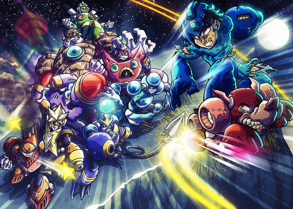 6+boys angry arm_cannon battle battle_damage capcom charge_man crystal_man fire flying gravity_man gyro_man harpoon helmet joints mega_man_(character) mega_man_(classic) mega_man_(series) mega_man_5 multiple_boys napalm_man night night_sky robot robot_ears robot_joints rush_(mega_man) sky star_man_(mega_man) stone_man tower wave_man weapon
