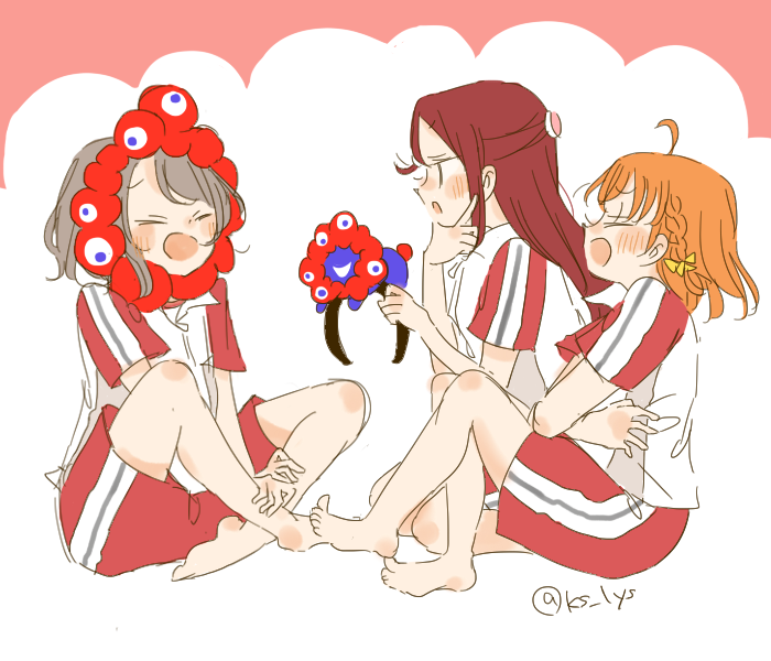 3girls :d barefoot blush commentary_request expo2025 full_body grey_hair gym_uniform holding_hairband kase_(ks_lys) love_live! love_live!_sunshine!! multiple_girls myaku-myaku open_mouth profile red_hair red_shorts red_sleeves sakurauchi_riko shirt short_hair short_sleeves shorts simple_background sitting smile takami_chika twitter_username watanabe_you white_background white_shirt