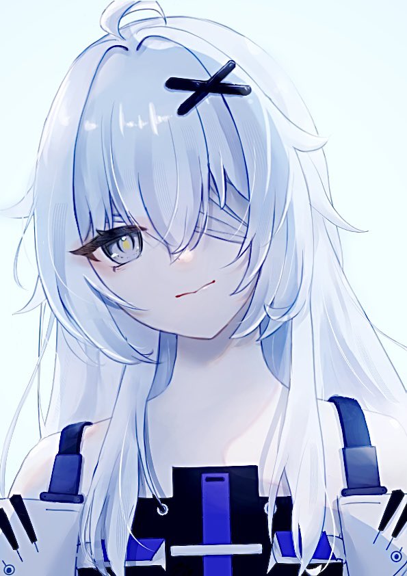 1girl ahoge artist_request bandage_over_one_eye closed_mouth grey_eyes grey_hair hair_between_eyes hair_intakes hair_ornament long_hair looking_at_viewer no._21:_xxi_(pgr) no._21_(pgr) punishing:_gray_raven sidelocks solo suspenders x_hair_ornament