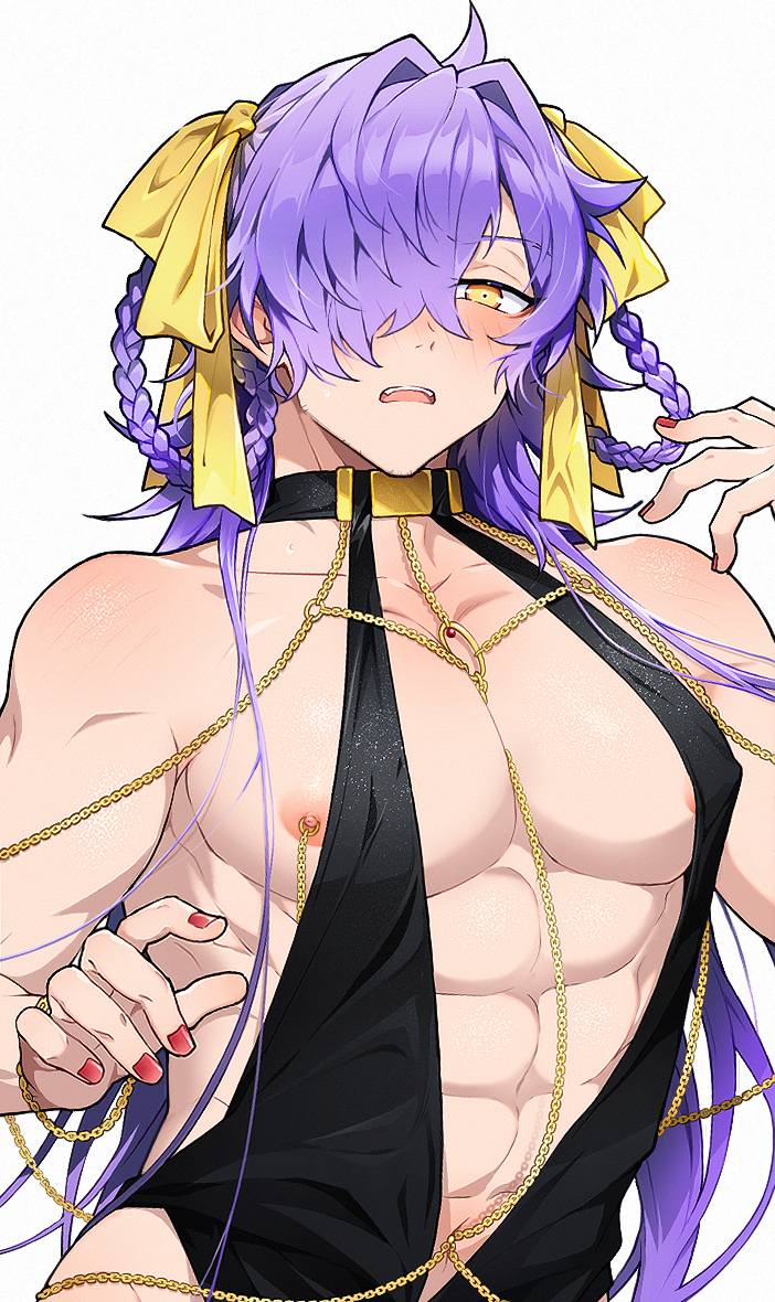 1boy abs bb_dubai_(fate) bb_dubai_(fate)_(cosplay) black_dress blush braid braided_hair_rings chain collarbone cosplay crossdressing dress fate/grand_order fate_(series) hair_intakes hair_rings hand_up honi_(ohohoni) long_hair looking_at_viewer male_focus navel nipple_piercing nipple_slip nipples o-ring okada_izou_(fate) open_mouth orange_eyes pectorals piercing purple_hair red_nails ribbon shoulder_blush sparse_stubble teeth upper_body white_background yellow_ribbon
