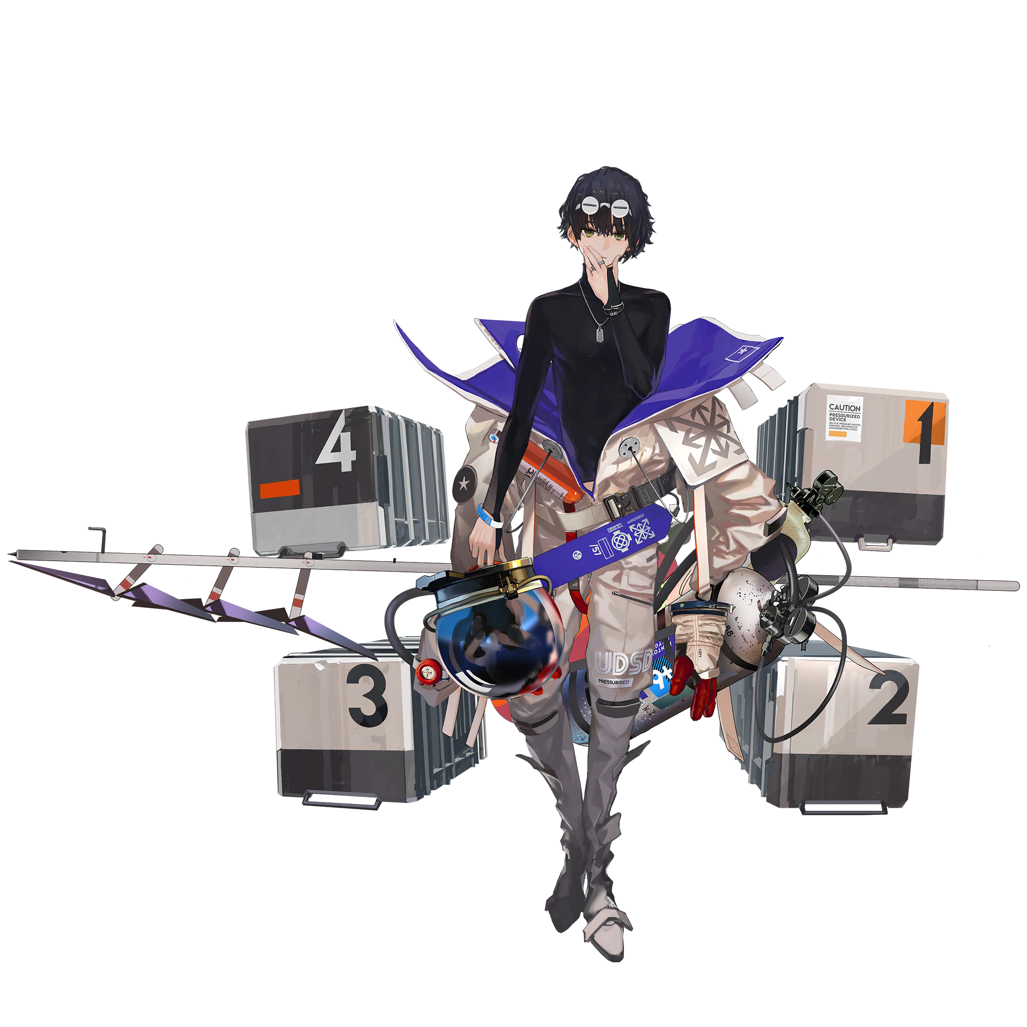 1boy black_hair bodysuit diving_suit dog_tags full_body game_cg girls'_frontline girls'_frontline_neural_cloud goggles goggles_on_head hand_to_own_mouth helmet highres holding holding_helmet jewelry lin+ looking_at_viewer male_focus official_art oxygen_tank partially_unzipped ring solo space_helmet spacesuit sueyoi_(neural_cloud) third-party_source transparent_background unworn_headwear unworn_helmet wetsuit