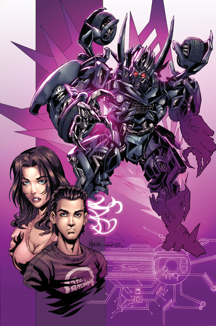 1boy 1girl alex_milne artist_collaboration barricade_(transformers) black_shirt breasts brown_eyes brown_hair cleavage comic_cover commentary cover_image decepticon english_commentary frown glowing glowing_eyes hair_slicked_back kieran_oats looking_at_viewer mecha mecha_focus medium_breasts mikaela_banes official_art open_hand parted_lips pink_shirt red_eyes robot sam_witwicky shirt transformers transformers_(2007_film) transformers_(live_action) western_comics_(style)