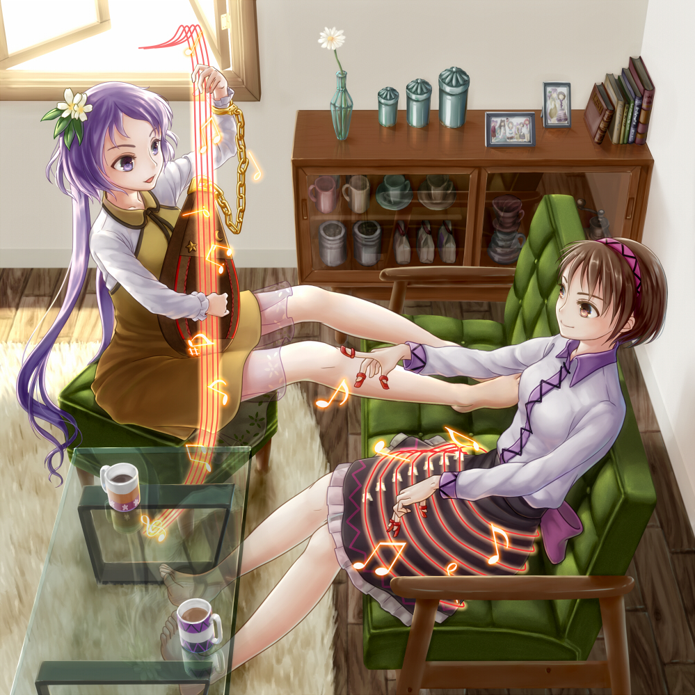 2girls barefoot beamed_quavers biwa_lute book brown_eyes brown_hair coffee couch dress flower glass_table green_upholstery hair_flower hair_ornament hairband horikawa_raiko imaizumi_kagerou instrument kijin_seija long_hair long_sleeves looking_at_another low_twintails lute_(instrument) multiple_girls music musical_note photo_(object) playing_instrument purple_eyes purple_hair quaver sekibanki shirt short_hair sitting skirt sukuna_shinmyoumaru table torinari_(dtvisu) touhou transparent treble_clef tsukumo_benben tsukumo_yatsuhashi twintails wakasagihime