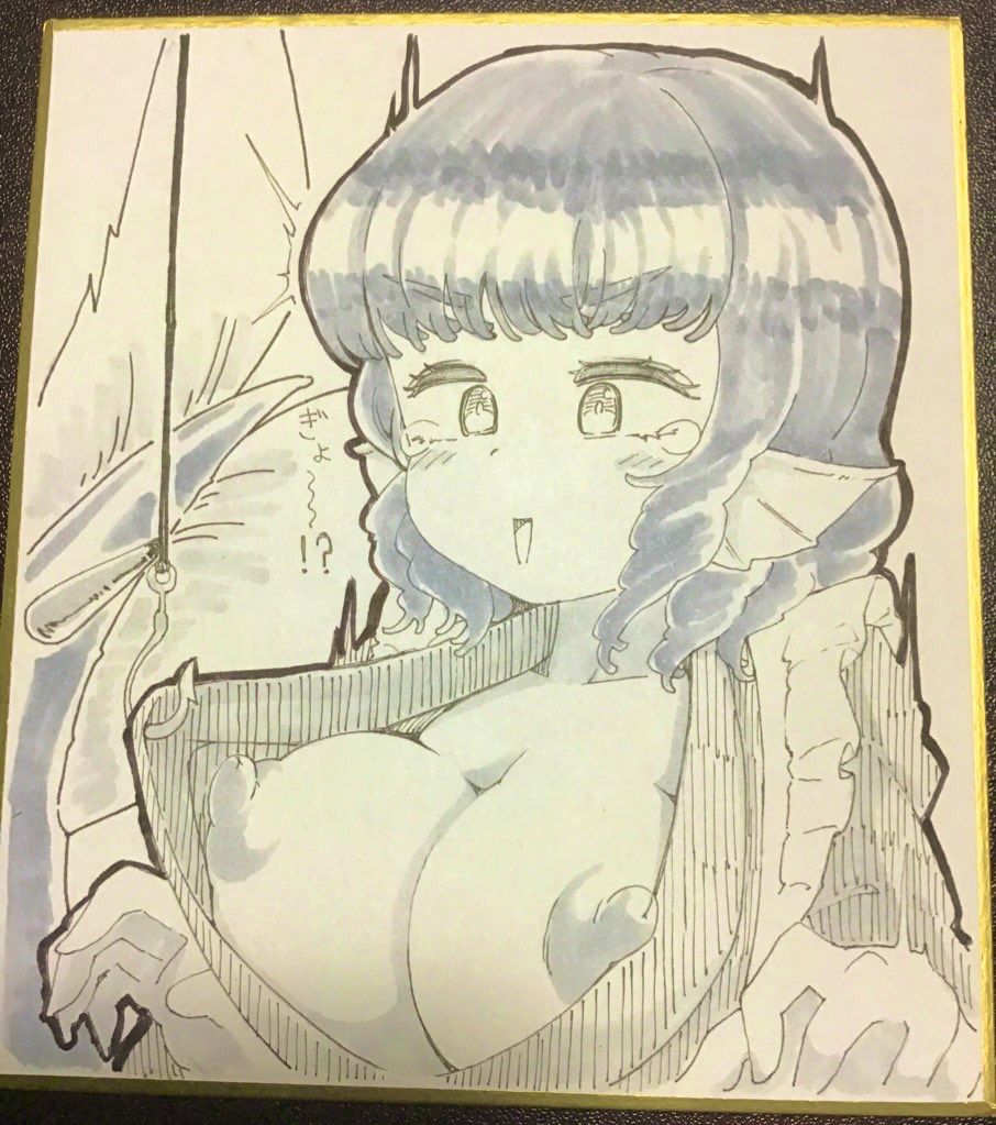 1girl accidental_exposure blush breasts commentary_request drill_hair drill_sidelocks fins fish_hook greyscale head_fins japanese_clothes kimono large_breasts mermaid monochrome monster_girl nipples open_mouth shika_miso shikishi sidelocks simple_background smile solo tearing_up touhou upper_body wakasagihime
