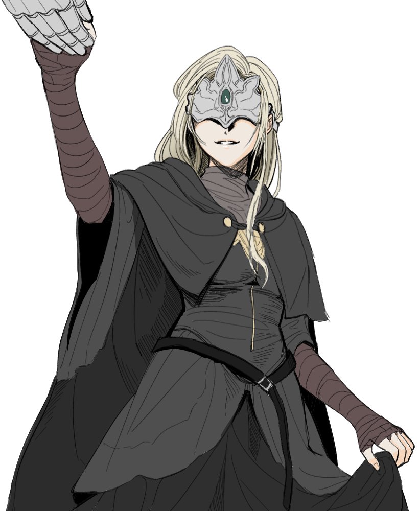 1girl 1other ambiguous_gender ashen_one_(dark_souls) bandaged_arm bandages belt black_belt black_cape black_dress blonde_hair cape commentary_request covered_eyes dark_souls_(series) dark_souls_iii dress fingernails fire_keeper gauntlets grin holding_hands korean_commentary long_hair simple_background smile white_background wide_sleeves xxq_002