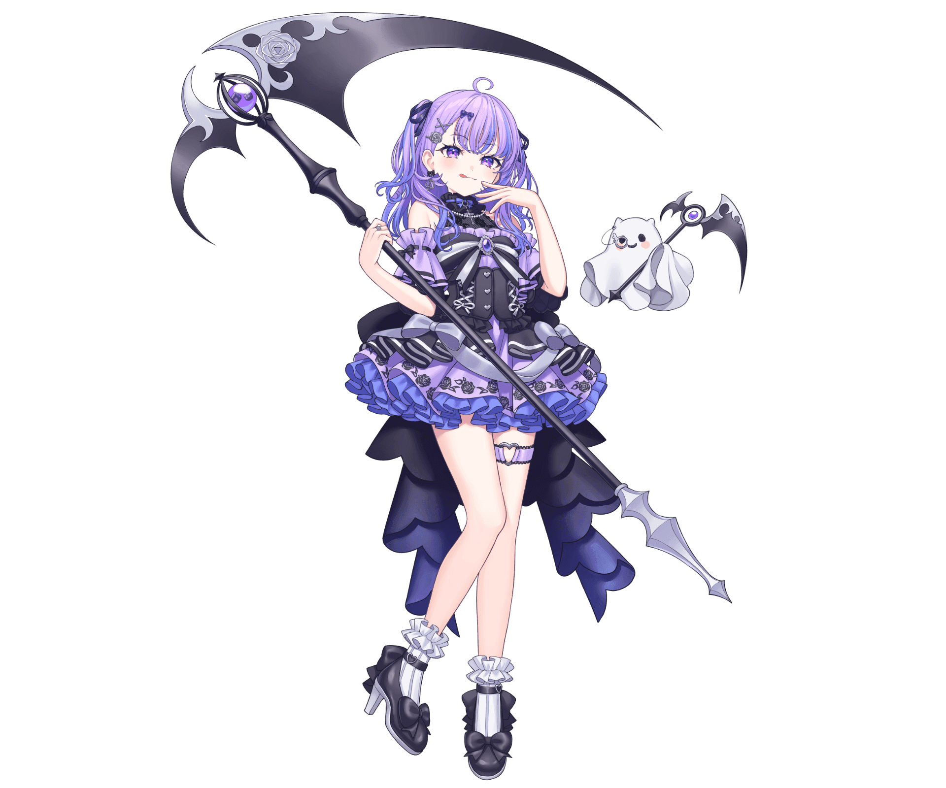 1girl ahoge black_dress black_shoes blush dress frilled_dress frills full_body ghost hair_ornament hairclip halterneck heart heart_o-ring highres holding holding_scythe jewelry lq_saku luminaria_pro maimiya_rinne monocle multicolored_hair o-ring official_art purple_brooch purple_eyes purple_hair ring scythe shoes simple_background socks solo standing streaked_hair thigh_strap tongue transparent_background two_side_up virtual_youtuber white_socks x_hair_ornament