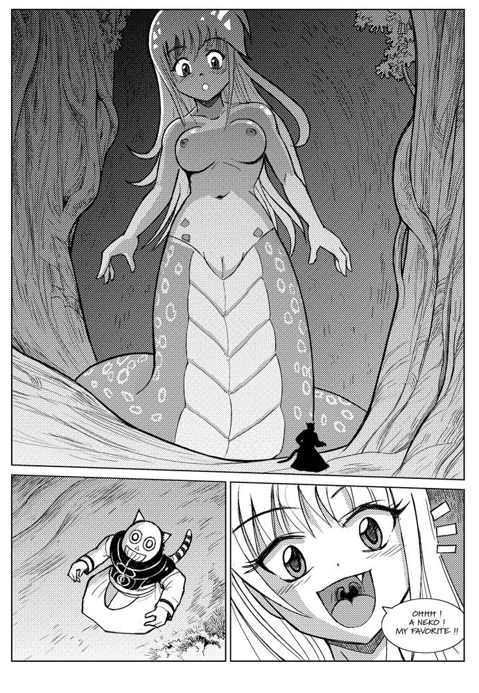 1boy 1girl animal_ears blush casual_nudity cat_ears cat_tail cleft_of_venus crisis felarya giant giantess karbo lamia long_hair monochrome monster_girl nipples nude open_mouth pussy smile tail