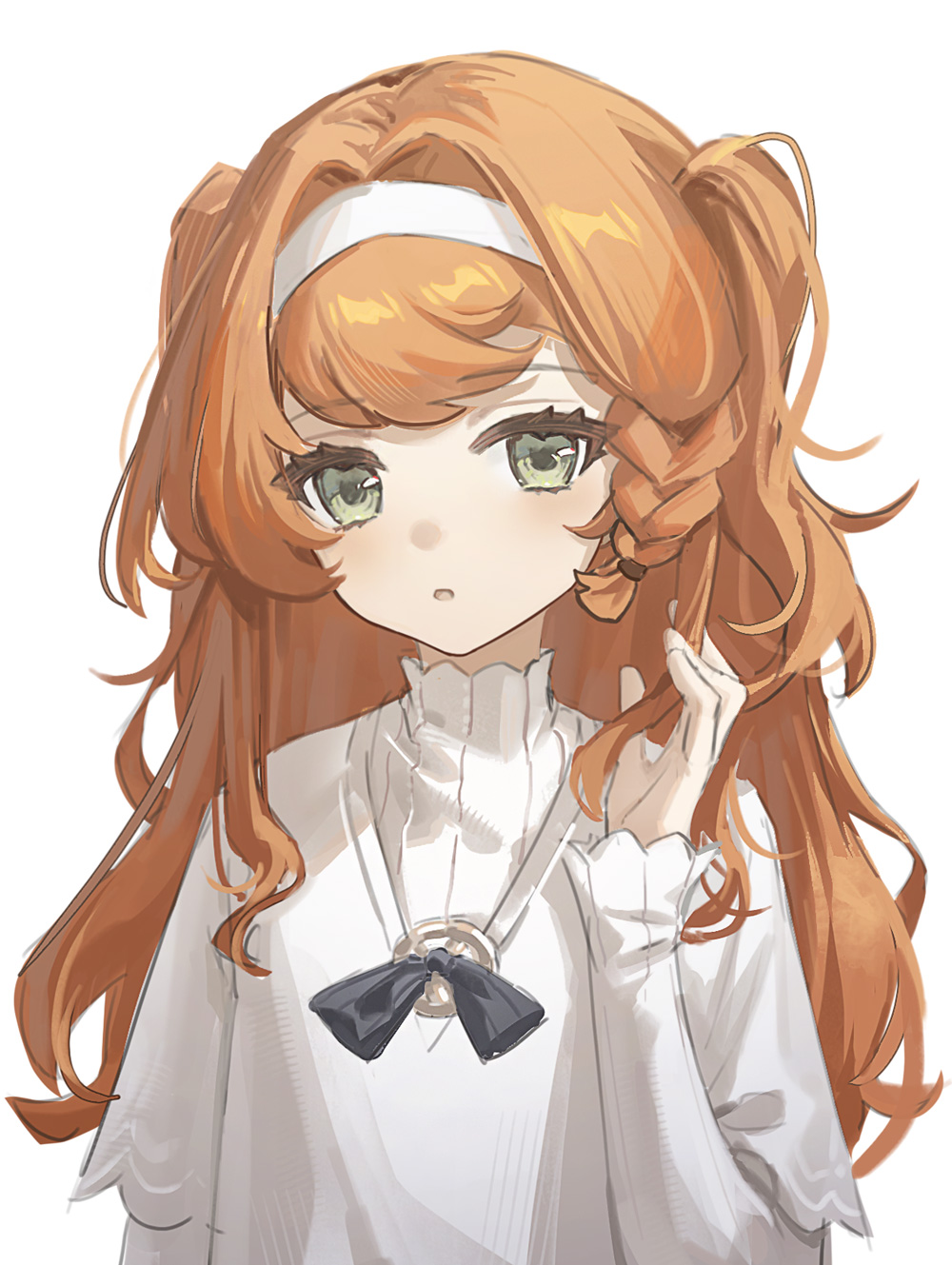 1girl :o adjusting_hair aged_down black_bow black_bowtie bow bowtie braided_sidelock dress green_eyes hairband hand_up highres layered_sleeves long_hair long_sleeves looking_at_viewer orange_hair reverse:1999 short_over_long_sleeves short_sleeves solo sonetto_(reverse:1999) traditional_bowtie two_side_up upper_body white_background white_dress white_hairband yukiri_(l_ii)