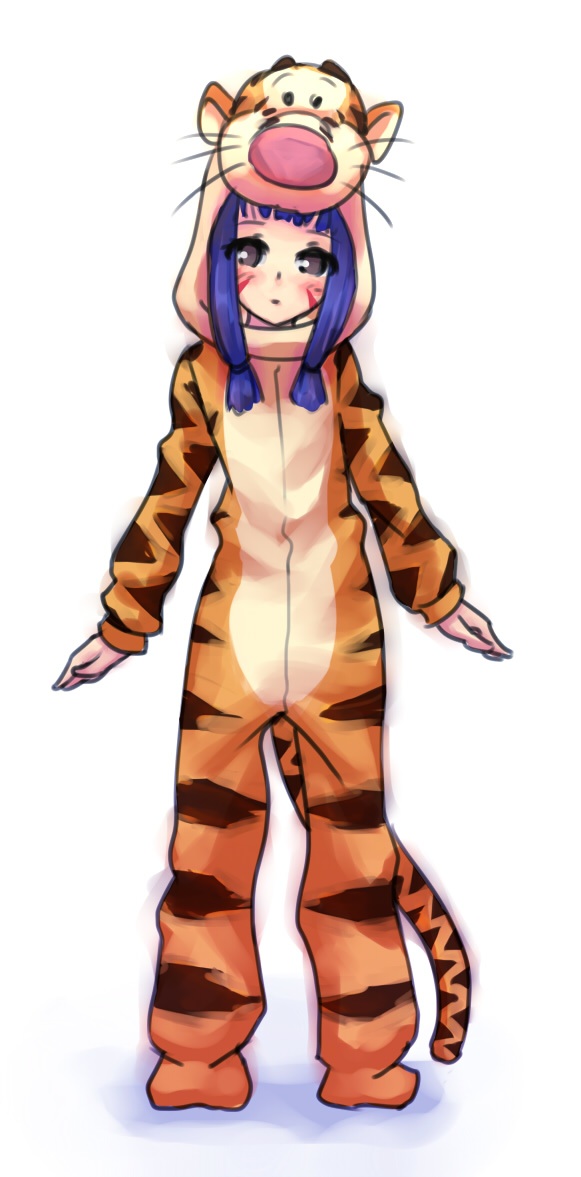 1girl animal_costume animal_hood animal_print blue_hair blush brown_eyes cosplay disney facial_tattoo female_focus gender_request genderswap hood maeda_inuchiyo monorus oda_nobuna_no_yabou sidelocks solo tail tattoo tiger_costume tiger_hood tiger_print tigger tigger_(cosplay) winnie_the_pooh
