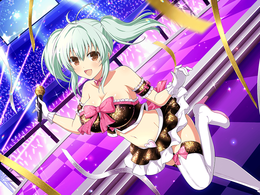 1girl antenna_hair audience bare_shoulders blush boots bow bow_choker breasts brown_eyes chest_bow choker cleavage concert cosplay crossover crowd frilled_gloves frilled_tube_top frills gloves glowstick gold_trim green_hair groin hair_between_eyes heart high_heel_boots high_heels holding holding_microphone idol idol_clothes large_breasts light_particles looking_at_viewer mai_(senran_kagura) microphone midriff miniskirt monitor official_alternate_costume official_alternate_hairstyle official_art open_mouth pink_bow pink_choker run_elsie_jewelria run_elsie_jewelria_(cosplay) senran_kagura senran_kagura_new_link senran_kagura_new_wave short_hair sidelocks skirt smile sparkle stage stage_lights stairs standing standing_on_one_leg strapless streamers thigh_boots thigh_bow thighhighs tile_floor tiles to_love-ru to_love-ru_darkness tongue tube_top twintails waist_bow white_gloves white_thighhighs yaegashi_nan