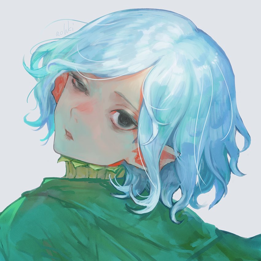 1boy bags_under_eyes black_eyes cloak dungeon_meshi elf gorget green_cloak grey_hair hood hooded_cloak lazy_eye looking_at_viewer male_focus mithrun notched_ear parted_lips pointy_ears shirt short_hair solo uneven_eyes waterstaring white_background