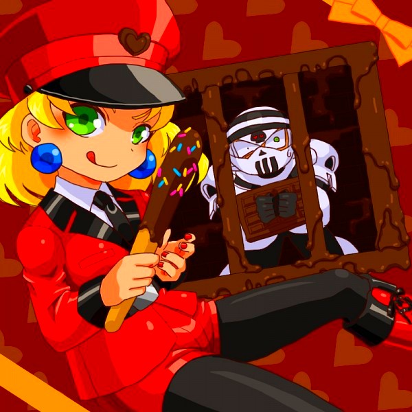 1girl blonde_hair candy capcom chocolate earrings food green_eyes hat jewelry kalinka_cossack_(mega_man) looking_at_viewer mega_man_(classic) mega_man_(series) mega_man_4 police police_uniform policewoman prison prisoner shorts sitting skull_man tongue