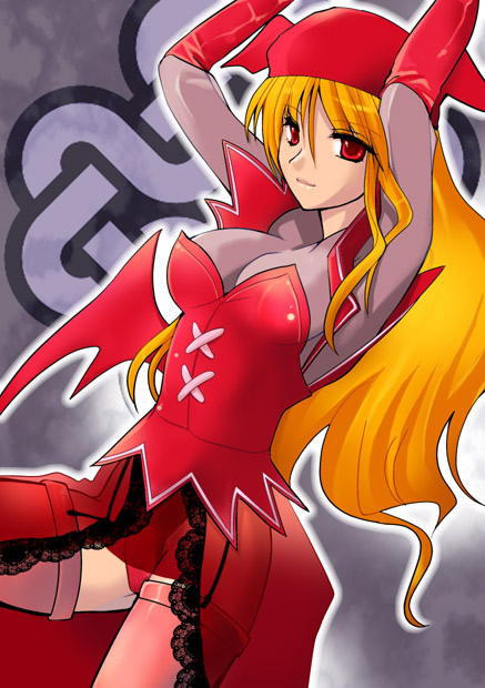 1girl bad_id bad_pixiv_id bat_wings breasts cleavage demon_girl gloves hat kusano_gurima long_hair mabinogi medium_breasts panties red_eyes red_hair red_panties red_thighhighs see-through_clothes succubus_(mabinogi) thighhighs underwear wings