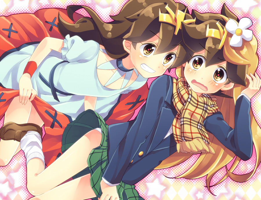 2boys blonde_hair blush brown_eyes brown_hair crossdressing dress dual_persona grin ikusabe_wataru long_hair mashin_eiyuuden_wataru multiple_boys open_mouth panties riku_(melty_drop) school_uniform skirt smile tiara trap underwear white_panties wig