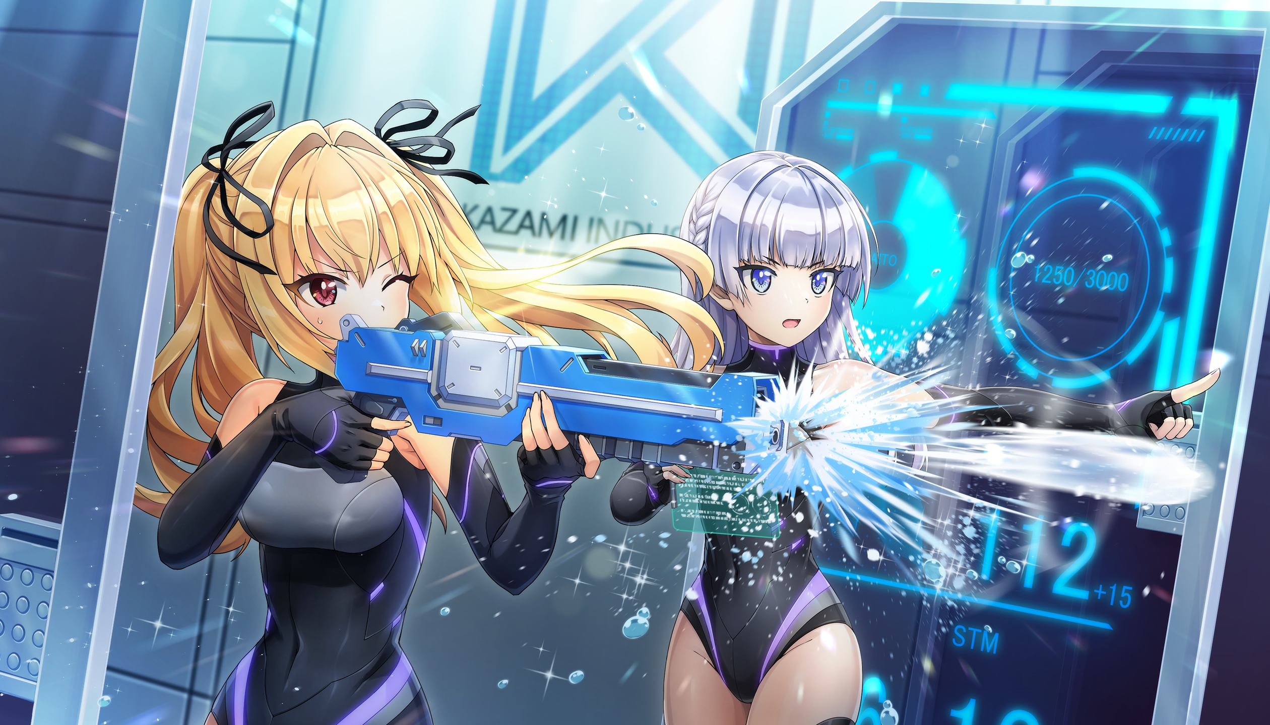 2girls aiming black_thighhighs black_wetsuit blonde_hair blue_hair braid breasts covered_navel dolphin_wave elbow_gloves fingerless_gloves framed_breasts game_cg gloves highres hime_cut holding holding_tablet_pc holding_water_gun indoors kazami_ellen kazami_uniform logo long_hair multiple_girls non-web_source official_art ootomo_takuji open_mouth pointing purple_hair red_eyes schnee_weissberg single_braid small_breasts tablet_pc thighhighs training twintails water water_gun