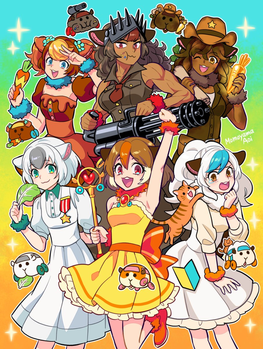 6+girls abbey_(pui_pui_molcar) animal_ears arm_up artist_name blue_eyes bob_cut boots bow brown_dress carrot cat choco_(pui_pui_molcar) commentary_request dark-skinned_female dark_skin detached_sleeves dress flower food food_on_face fur_collar gradient_background guinea_pig_ears gun hair_flower hair_ornament highres lettuce long_hair looking_at_viewer map medal molcar momoyama_aoi morumi multicolored_hair multiple_girls muscular necktie open_mouth orange_boots orange_bow personification pinafore_dress ponytail ponytwil potato_(pui_pui_molcar) puffy_short_sleeves puffy_sleeves pui_pui_molcar shiromo_(pui_pui_molcar) shirt short_sleeves sleeveless sleeveless_dress sleeveless_shirt smile sparkle teddy_(pui_pui_molcar) teeth treasure_molcar twintails two-tone_hair upper_teeth_only v wand weapon yellow_dress